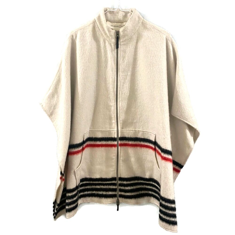 Treasure & Bond Wool Blend Full Zip Cape Poncho - Cream/Red/Black O/S